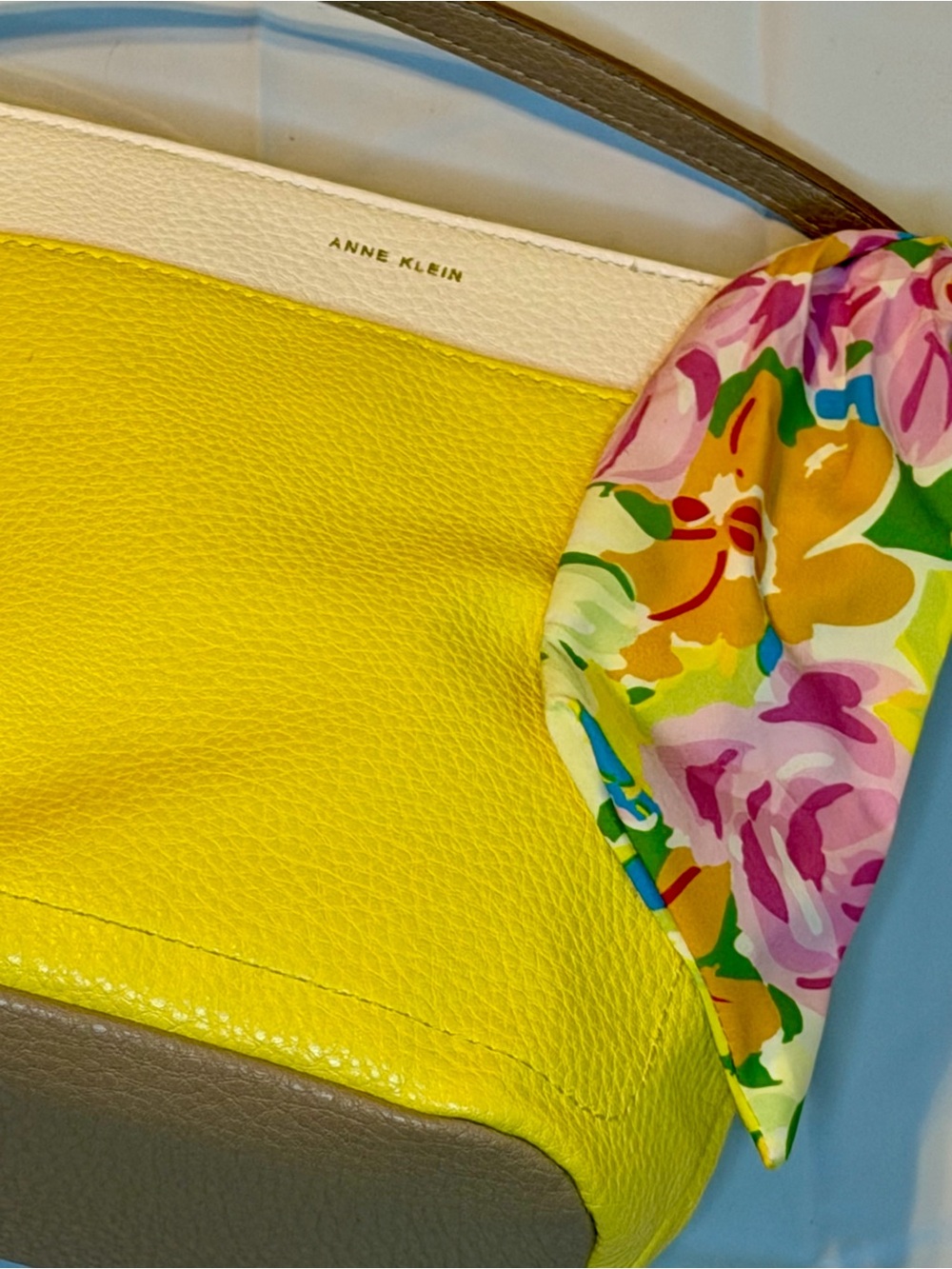 Anne Klein Yellow, White and Gray Leather Crossbody with Floral Scarf - Picture 4 of 8